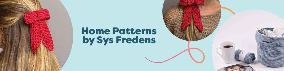 Collage of free home knitting and intermediate crochet patterns by Sys Fredens—bows, potholders, yarn bags, and zig-zag blankets—from Hobbii.
