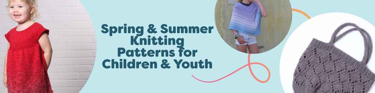 Children wearing light spring and summer knits—dresses, ponchos, and tops—in breathable yarns on a sunny day.