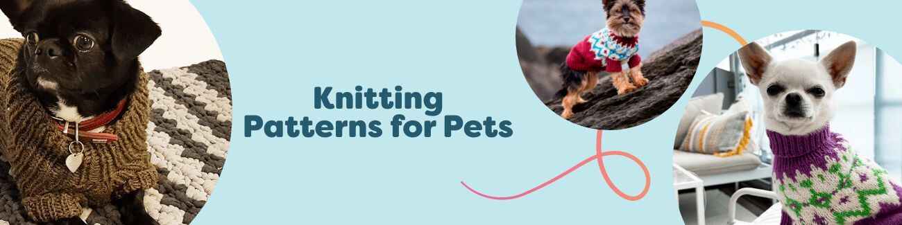 Free knitting patterns for pets from Hobbii featuring cozy dog sweaters for breeds like Chihuahua and Yorkshire Terrier, styled with yarn and needles.