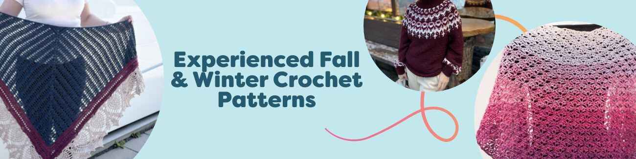 Flat-lay of cozy fall and winter crochet projects—shawls and a sweater—made with Hobbii yarns, suited to intermediate and experienced makers.