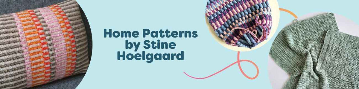 Home Patterns by Stine Hoelgaard: selection of knit and intermediate crochet patterns for pillows, dishcloths, a kitchen towel, and a project bag from Hobbii.