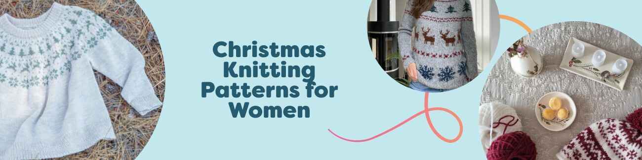 Collage of Christmas knitting patterns for women—festive sweaters, cardigans, and hats by Hobbii.