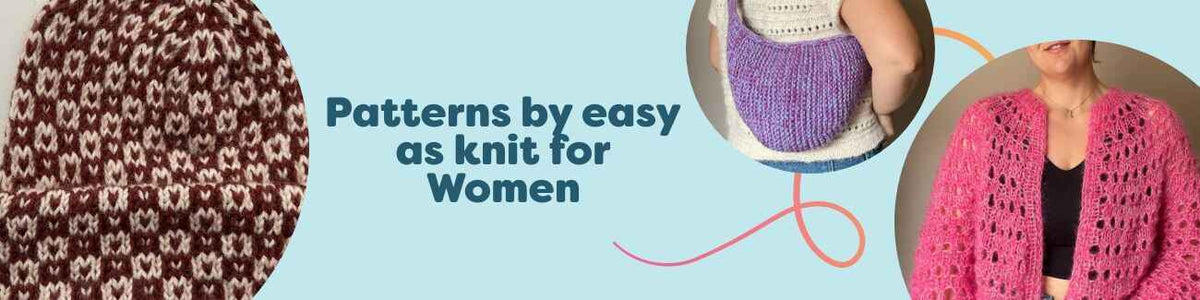 Hobbii women’s Easy as Knit pattern lineup: beanie, spring cardigan, ruffle socks, bag, and blouse-jumper styled in cozy yarns.