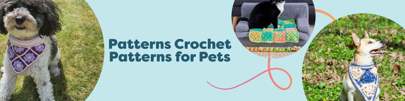 Assorted free pet crochet patterns: dog bandanas, a dog jumper, and a cozy cat house from Hobbii.