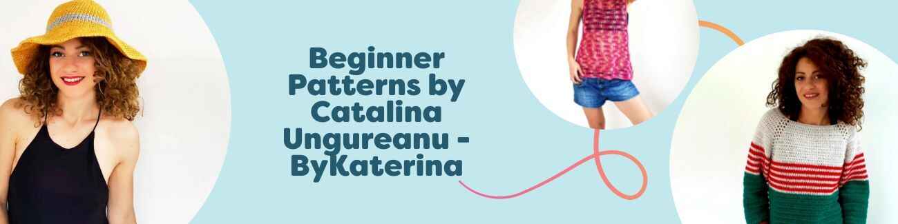 Free beginner crochet patterns by ByKaterina for Hobbii - hats, tanks, sweaters, and a dress shown with colorful yarn skeins on a clean background.