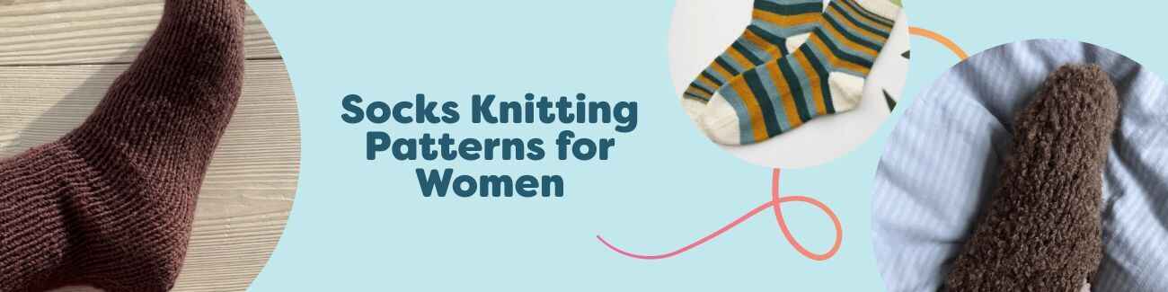 Assorted hand-knit women’s socks in lace, rib, and colorwork on a neutral backdrop with yarn skeins and needles from Hobbii.
