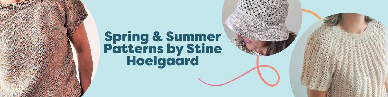 Models wearing light summer tees and sun hats by Stine Hoelgaard, crochet and knit designs in soft cotton yarns and bright seasonal colors.