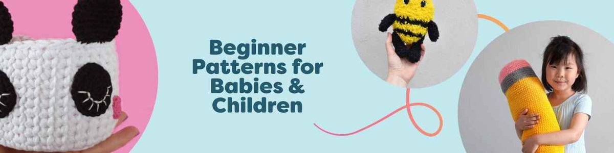 Assortment of free beginner knitting and crochet patterns for babies and children—bonnets, toys, baskets, and playful accessories from Hobbii.