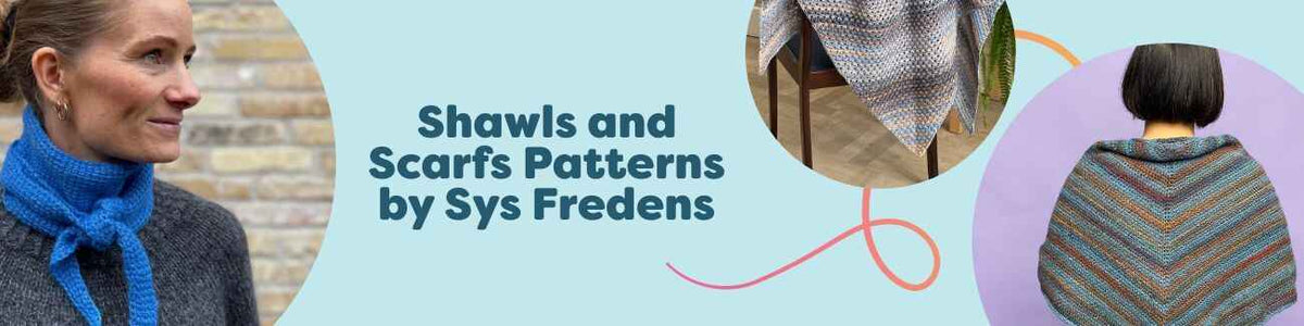 Shawls and scarves by Sys Fredens in crochet and Tunisian crochet, modeled in soft yarns from the Hobbii pattern collection.