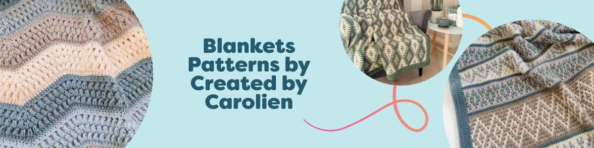 Collection image showing crocheted blanket patterns by Created by Carolien—textured waves, Nordic stripes, and Moroccan motifs in soft, cozy yarns.