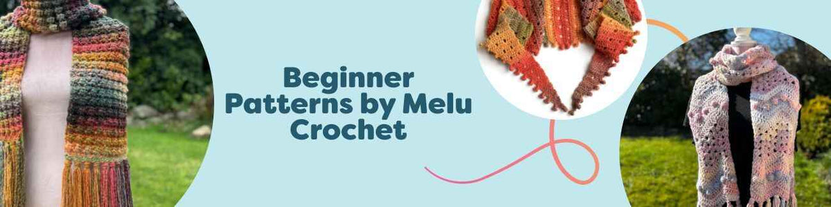Collection image featuring beginner crochet patterns by Melu Crochet at Hobbii, with easy scarves and blankets styled for new makers.