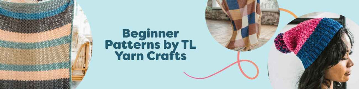 Grid of TL Yarn Crafts beginner crochet projects—Sherbet Afghan, Quinn Baby Blanket, Mega Pom beanie, OMG hooded scarf, and Metro hat & scarf—made with soft Hobbii yarns.