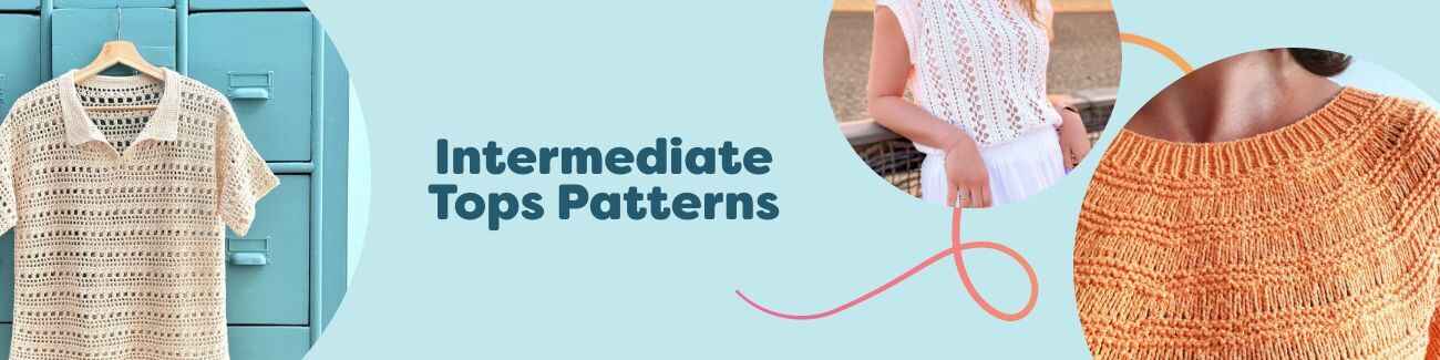 Selection of intermediate crochet and knitting top patterns from Hobbii: tees, lace tops, and t-shirts in varied styles, yarn weights, and sizes.