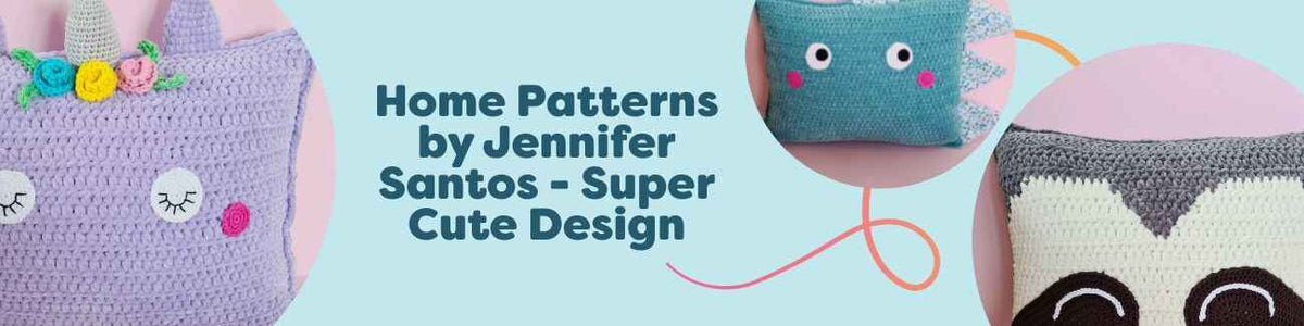 Collage of free home crochet patterns by Jennifer Santos for Hobbii: unicorn, dino and sloth pillows, a kawaii panda basket, and a watermelon rug.