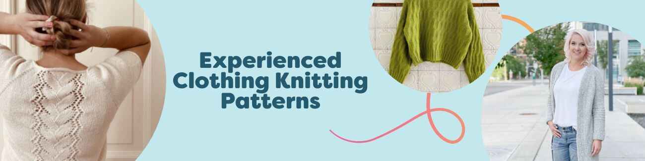 Flat lay of advanced-level clothing knitting patterns from Hobbii—tee, sweater, cardigan, and slipover—showing textured stitches in soft yarns.