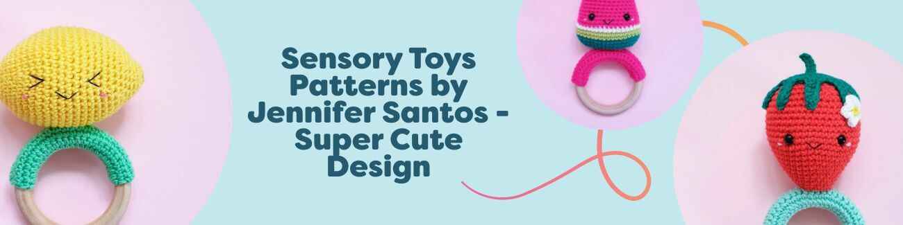 Kawaii amigurumi crochet rattles—lemon, watermelon, strawberry, bunny, and dinosaur—Sensory Toys Patterns by Jennifer Santos for Hobbii.