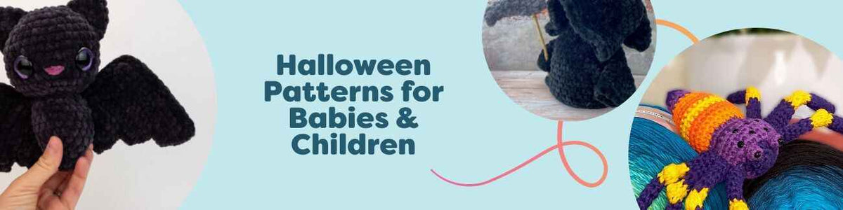 Halloween-themed knitting and crochet patterns for babies and children from Hobbii, featuring cozy hats, blankets, and cute amigurumi like bats, spiders, and cats.