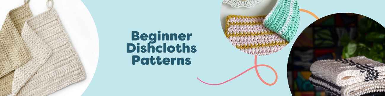 Collage of beginner dishcloth patterns from Hobbii: easy knit and crochet washcloths with textured stitches, stripes, stars, and heart motifs in cotton yarn.