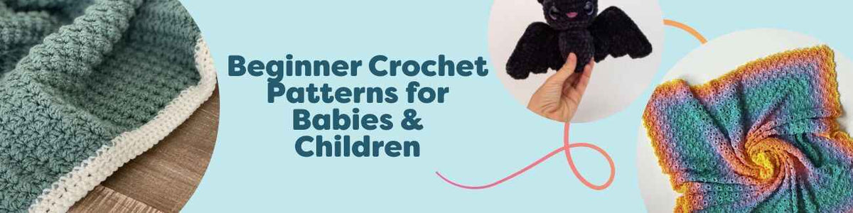 Flat lay of beginner crochet projects for babies and children: pastel baby blanket, small hat and booties, and soft amigurumi toys made with Hobbii yarn.