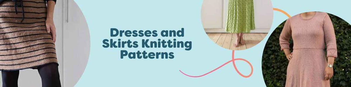 Knit dresses and skirts in various lengths and styles, shown on models with textured, striped, and lace details, alongside Hobbii yarns.