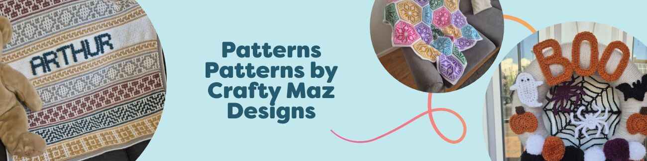Collection of Crafty Maz Designs patterns at Hobbii featuring crochet blankets, sweaters, bandanas, and wreaths with coordinating yarn and tools.