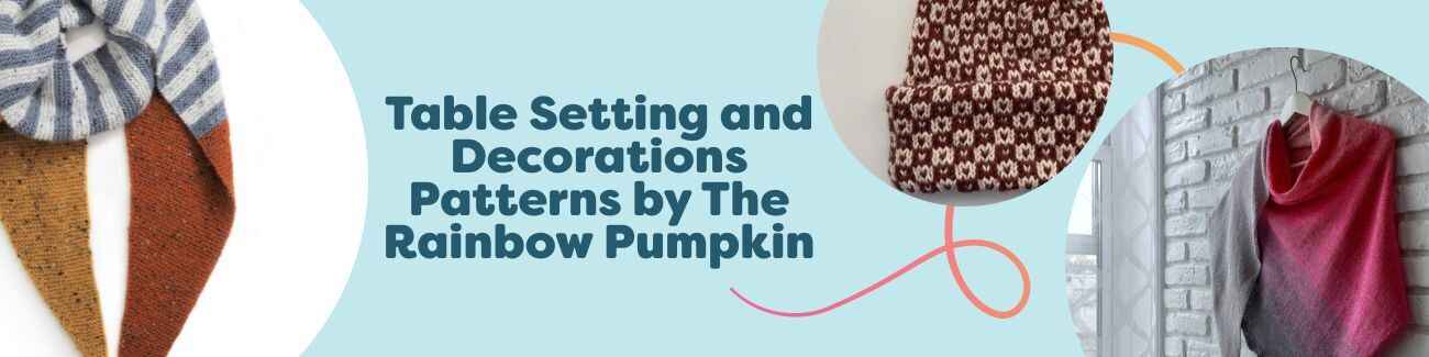 Crocheted placemats, coasters, and a table runner by The Rainbow Pumpkin styled on a dining table with Hobbii yarn