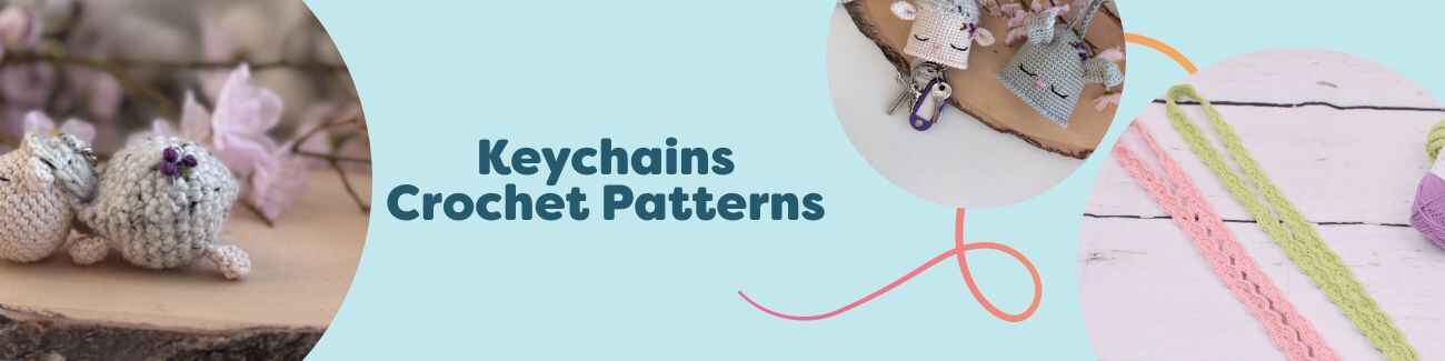 Assorted crochet keychain patterns by Hobbii: a sleepy sheep keychain, bunny and sheep key covers, and lanyard keyhangers styled with yarn and hooks.