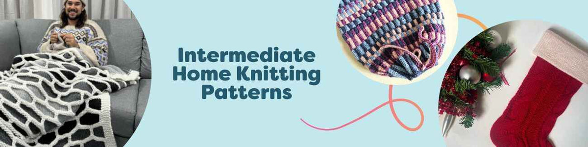 Cozy home scene featuring intermediate knitting patterns for blankets, dishcloths, hand towels and stockings, made with Hobbii yarns.