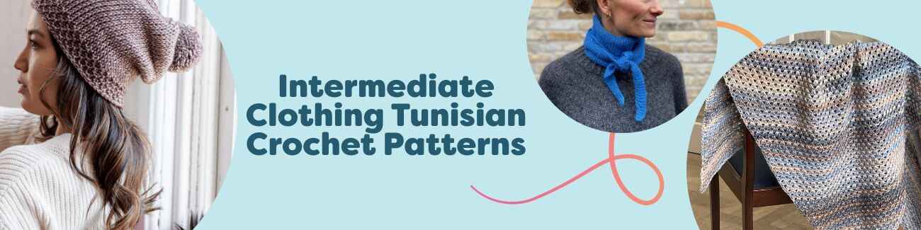Intermediate Tunisian crochet wearables—beanie, scarf, shawl, and wrist warmers—stitched with textured patterns in Hobbii yarn.