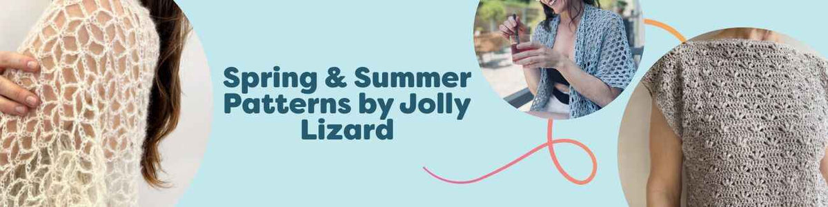 Collage of five lightweight spring and summer garment patterns by Jolly Lizard—Starlace bolero, Seafoam cardigan, Lauma and Vela tops, and Bluebell summer dress—styled for warm weather from Hobbii.