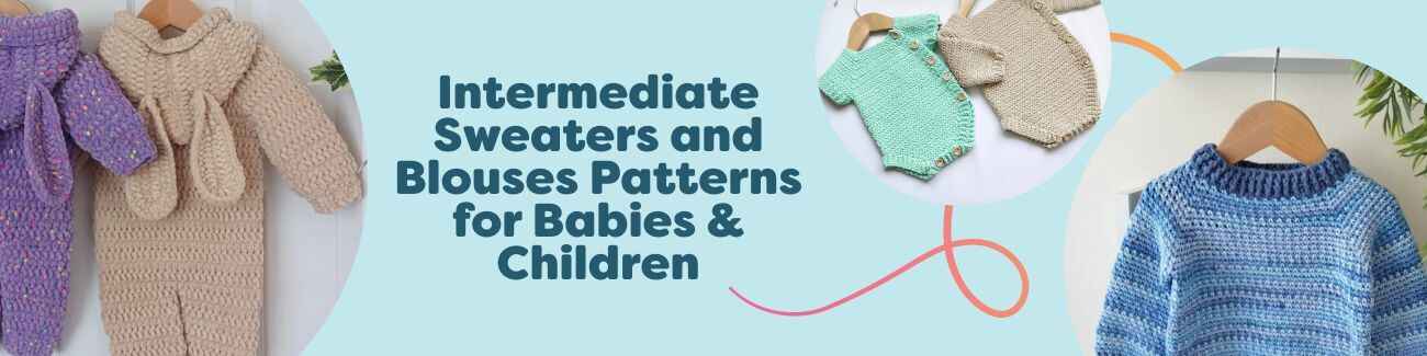 Flat lay of intermediate baby and children sweater and blouse patterns—Honey Bunny Snowsuit, Herringbone Romper, Moss Jumper, Ship Oh Hoy Baby Sweater, and Minitern Children’s Sweater—styled with pastel Hobbii yarn skeins.