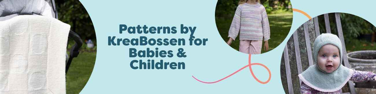 KreaBossen patterns for babies and children from Hobbii: baby blanket, balaclava hat, kids sweater, bathrobe, and top in soft yarns.