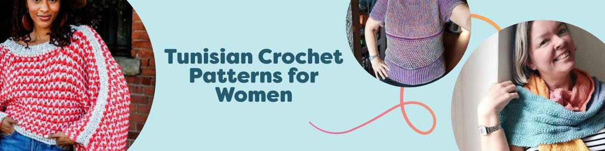 Women’s Tunisian crochet garments and accessories from Hobbii—poncho, t-shirt, scarf, beaded shawl, and cardigan—styled in soft neutrals.