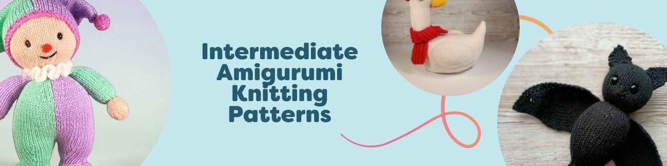 Collage of free intermediate amigurumi knitting patterns from Hobbii, featuring toys like Binky Clown, Winter Goose, Bernard Bat, Bruno Teddy, and more.