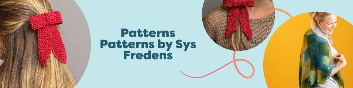 Collage of free knitting and crochet patterns by Sys Fredens for Hobbii, featuring Christmas bows, shawls, scarves, and a slipover made in soft yarns.