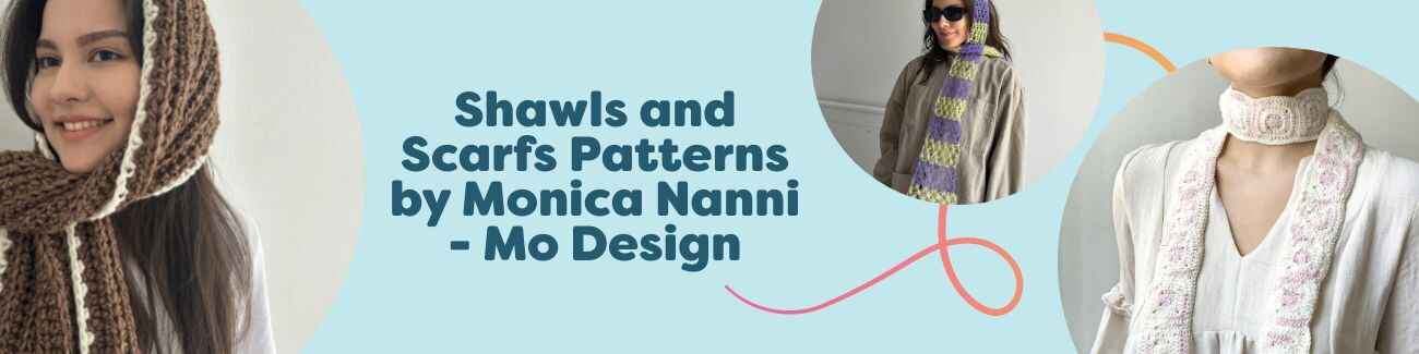 Free shawl and scarf crochet pattern collection by Monica Nanni (Mo Design) for Hobbii, featuring Vienna, Edelweiss, and Cherry Blossom scarves.