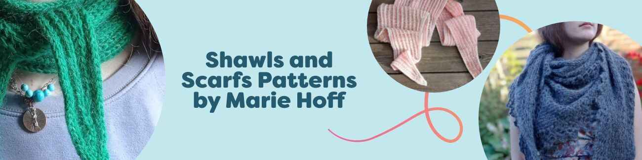 Assorted crocheted shawls and scarves designed by Marie Hoff, displayed flat with Hobbii yarn skeins.