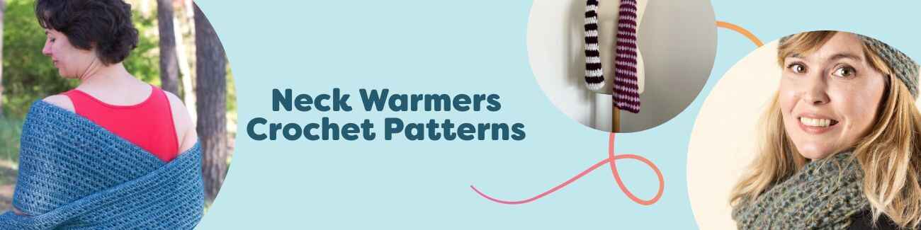 Collage of free neck warmer crochet patterns from Hobbii featuring cowls, scarves, wraps, and tubes made with soft yarns.