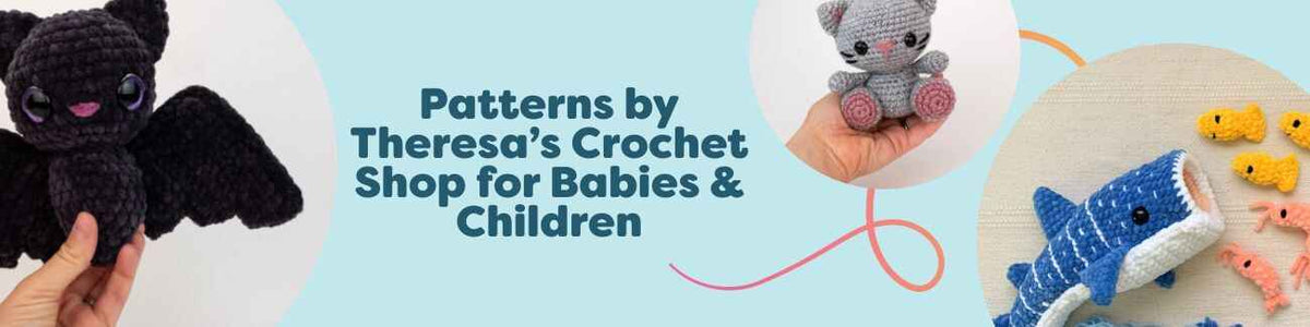 Collection of Theresa’s Crochet Shop amigurumi patterns for babies and children, featuring a kitten, bat, whale shark, otter friends, and a manta ray made with soft Hobbii yarns.