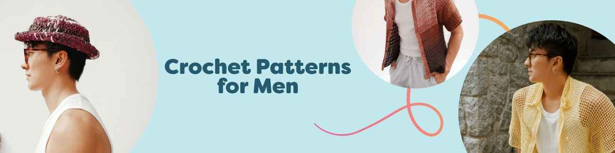 Grid of free men’s crochet patterns from Hobbii: shirts, bucket hats, raffia hat, and a rugged backpack in modern colors.