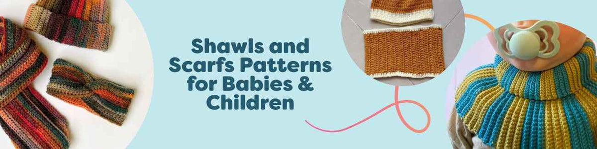 Collection of knitted and crocheted shawls, scarves, cowls, and ponchos for babies and children in soft Hobbii yarn, shown with matching beanies and headbands.