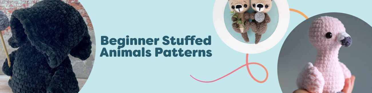 A collage of beginner-friendly stuffed animal crochet patterns from Hobbii, featuring Otter Friends, Danny the Plush Dragon, a flamingo, a tarantula, and more cute plush toys.