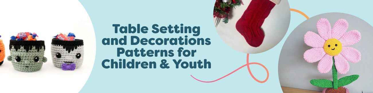Colorful crochet and knit table decorations for children and youth, including candy baskets, pumpkins, a flowerpot cozy, and a Christmas stocking made with Hobbii yarns.