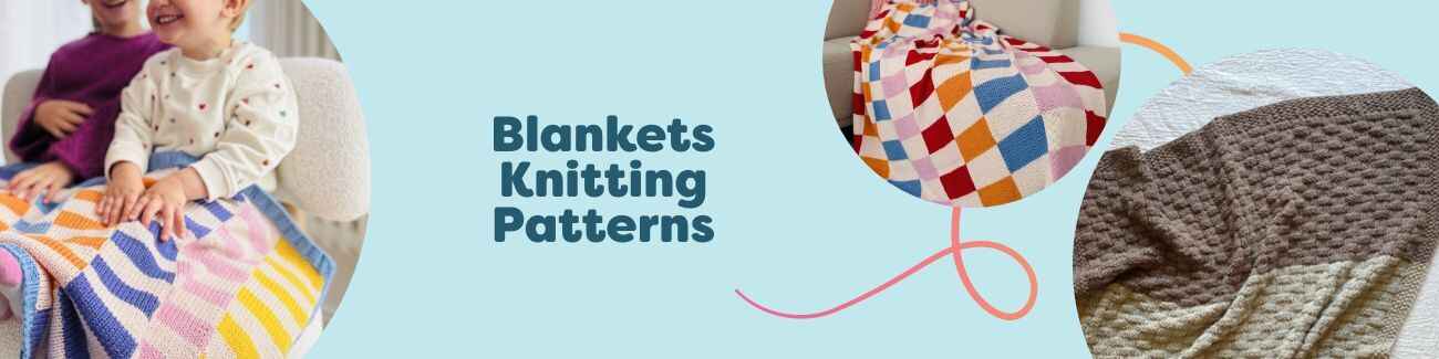 Assorted knitted blankets—baby, swaddle, and throw sizes—in neutral and pastel yarns, showcasing free blanket knitting patterns by Hobbii.