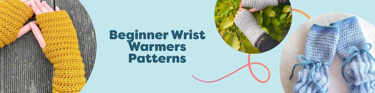 Collection of beginner wrist warmer patterns—knit and crochet fingerless gloves, handwarmers, and mittens—made with soft Hobbii yarns.