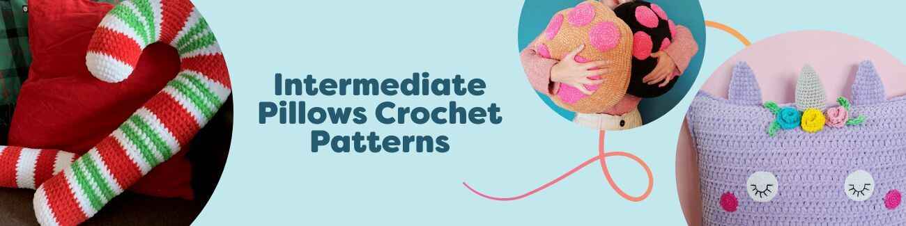 Assorted intermediate crochet pillow designs—unicorn, hearts, candy cane, and cat paw—pattern collection by Hobbii.