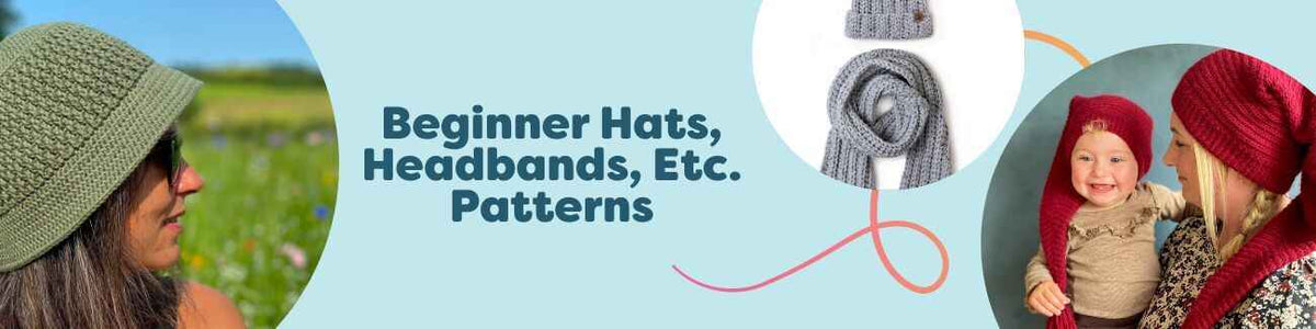 Assorted beginner-friendly knit and crochet hats, beanies, bucket hats, and headbands in cozy yarns, shown on models and in flat-lay for the collection.