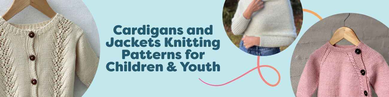 Kids’ hand-knit cardigans and jackets in pastels and brights, showing lace, cables, raglans, and hooded styles.