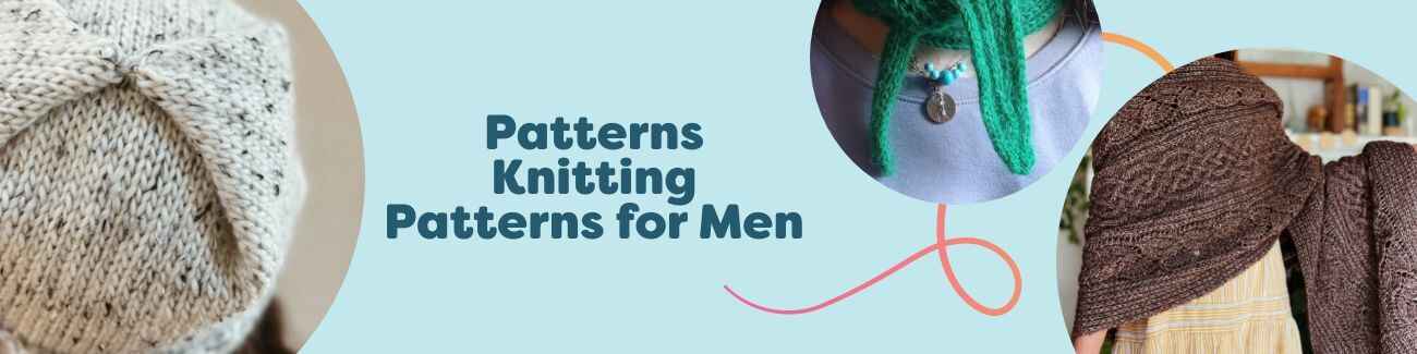 Men’s knitting patterns at Hobbii: male model in a knitted hat and scarf with product thumbnails for hats, scarves, wraps, and mittens in neutral yarns.