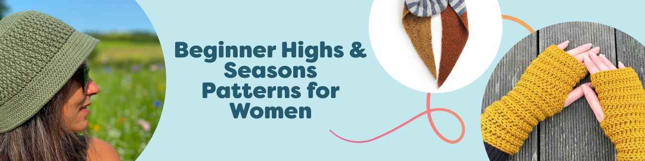 Women’s beginner and seasonal crochet and knit pattern collection from Hobbii featuring scarves, beanie, bucket hat, wrist warmers, and fingerless gloves.